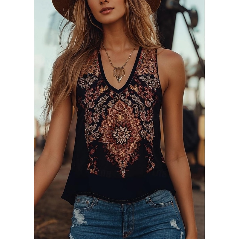 Women's Camisole Tank Top Floral Graphic Bohemia Daily Ethnic Sleeveless V Neck Regular Tops Daily Holiday Going out Black Summer Spring 2026 - $22.99