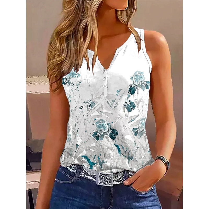 Women's Camisole Tank Top Ombre Floral Casual Sleeveless Notched Neck Regular Tops Daily Buttons Print Light Blue Summer 2026 - $22.99