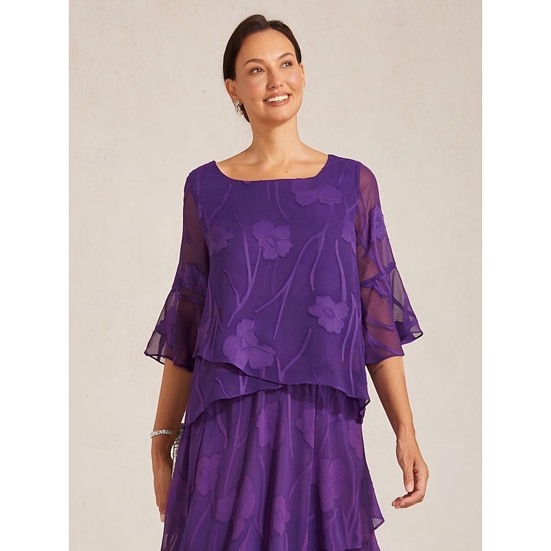 Women's Lace Shirt Blouse Dressy Tops Chiffon Tops Asymmetric Hem Solid Color Floral Flower Elegant Stylish 3/4 Length Sleeve Bell Sleeve Boat Neck Re