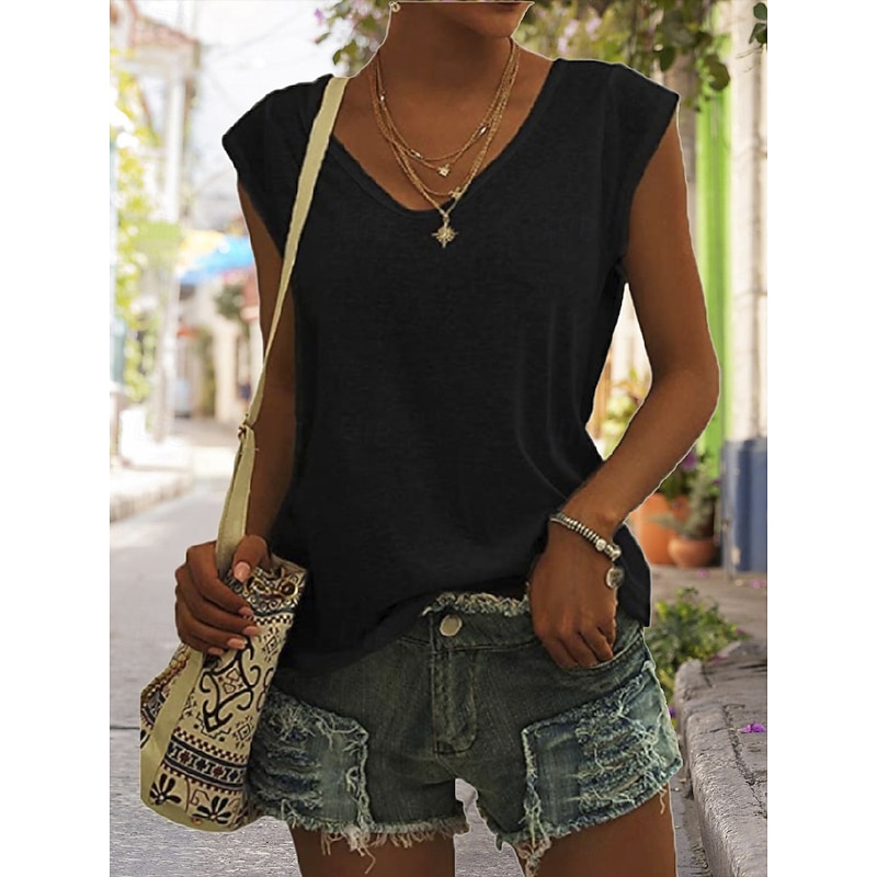 Women's T Shirt Solid Color Classic Casual Sleeveless V Neck Regular Tops Daily Going out Weekend Black White Pink Khaki Gray Summer Spring 2026 - $18