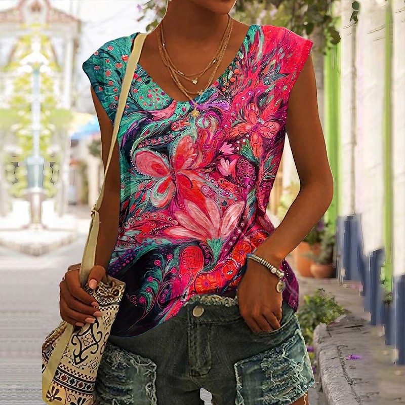 Women's Camisole Tank Top Basic Floral Print Sleeveless Regular Tops V Neck Casual Holiday Red Blue Orange Green 2026 - $24.99