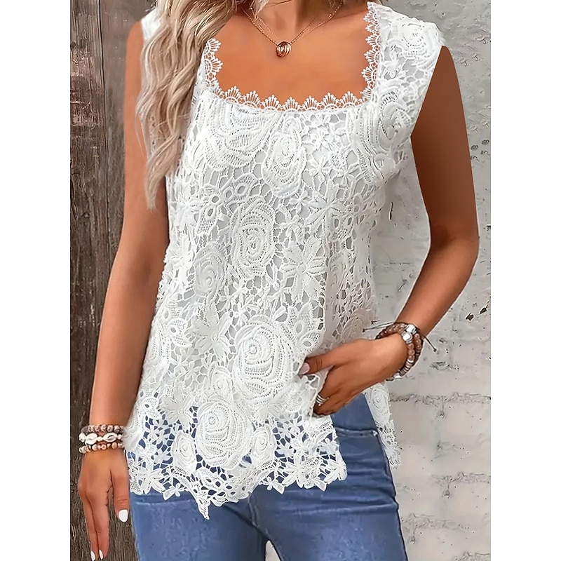 Women's Camisole Tank Top Solid Color Stylish Casual Sleeveless Square Neck Regular Tops Daily Lace Patchwork Black White Pink Red Blue Summer Spring