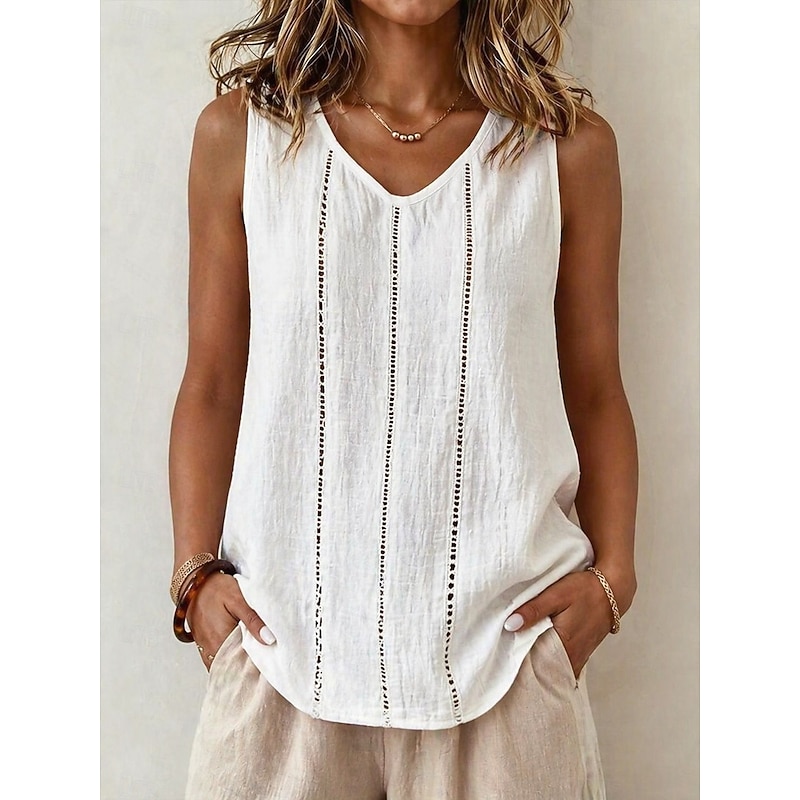 Women's Cotton Linen Vest T Shirt Tank Top Tee Elegant Bohemia Fashion Sleeveless V Neck Regular Tops Casual Daily Beach Blue Black White Navy Blue Pu
