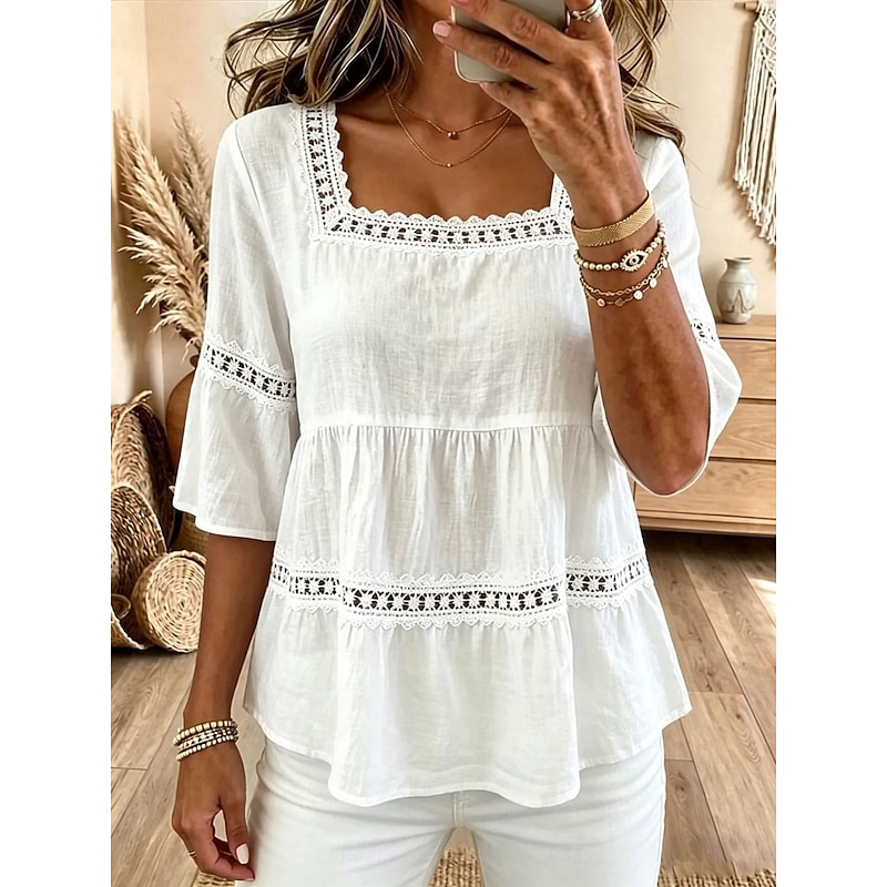 Women's Blouse Lace Trim Solid Color Vintage Stylish Classic 3/4 Length Sleeve Square Neck Regular Tops Casual Daily Blue White Pink Summer Spring 202