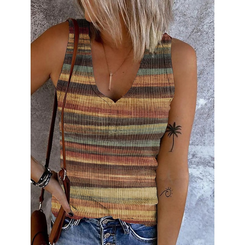 Women's Camisole Tank Top Going Out Tops Basic Striped Buttons Print Sleeveless Regular Tops V Neck Casual Pink Blue Purple Khaki 2026 - $22.99