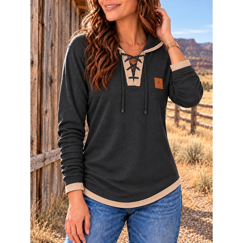 Women's Washed Cotton 100% Cotton Graphic Plain Vintage Fashion Stylish Long Sleeve Crew Neck Regular Tops Casual Blue Khaki Black Spring Fall Winter