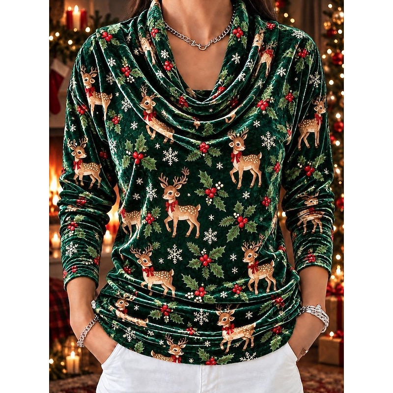 Christmas Women's Velvet Tee Print Graphic Reindeer Christmas Elegant Vintage Fashion Long Sleeve Cowl Neck Regular Tops Casual Daily Going out Blue Y