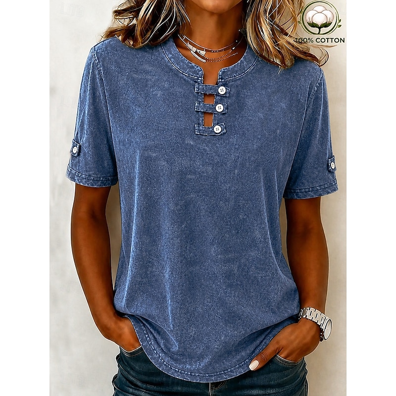 Women's Washed Cotton 100% Cotton Henley Shirt Vintage Fashion Stylish Short Sleeve Long Tops Casual Beach Blue Black and gray Pink Summer Spring 2026