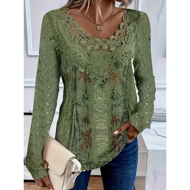 Women's Lace Splicing Top Floral Vintage Basic Casual Long Sleeve V Neck Regular Tops Daily Lace Patchwork Print Green  Spring Prefall 2026 - $25.99
