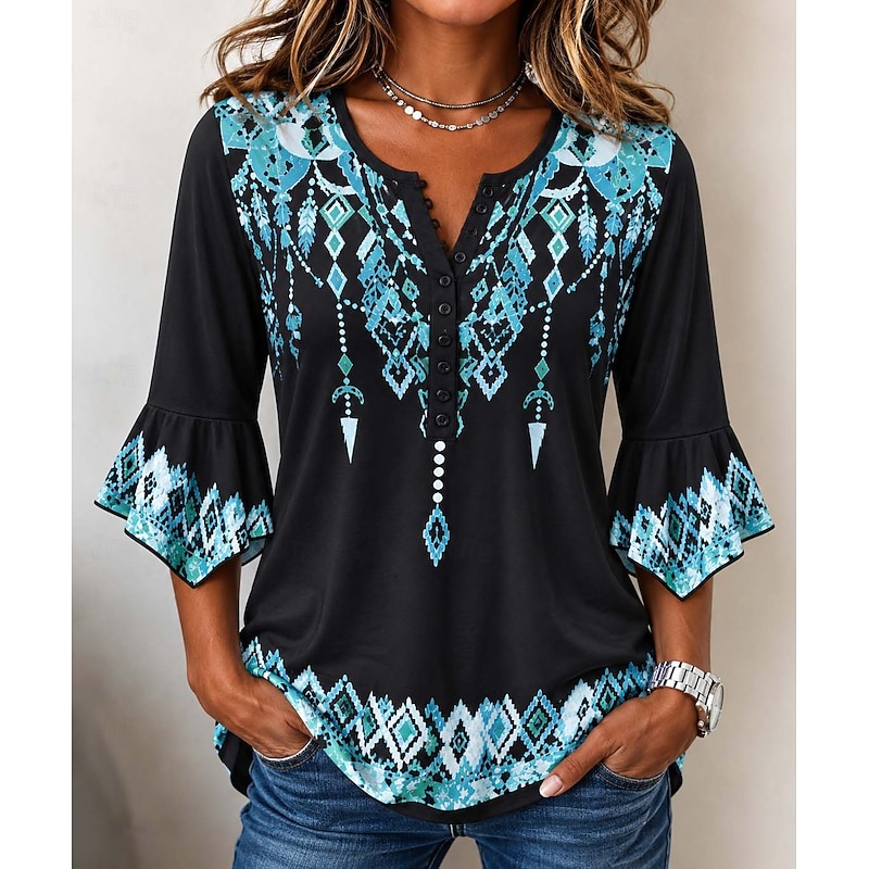 Women's T Shirt Blouse Print Floral Graphic Geometric Basic 3/4 Length Sleeve Round Neck Long Tops Casual Blue Black Red Summer Spring 2026 - $28.99