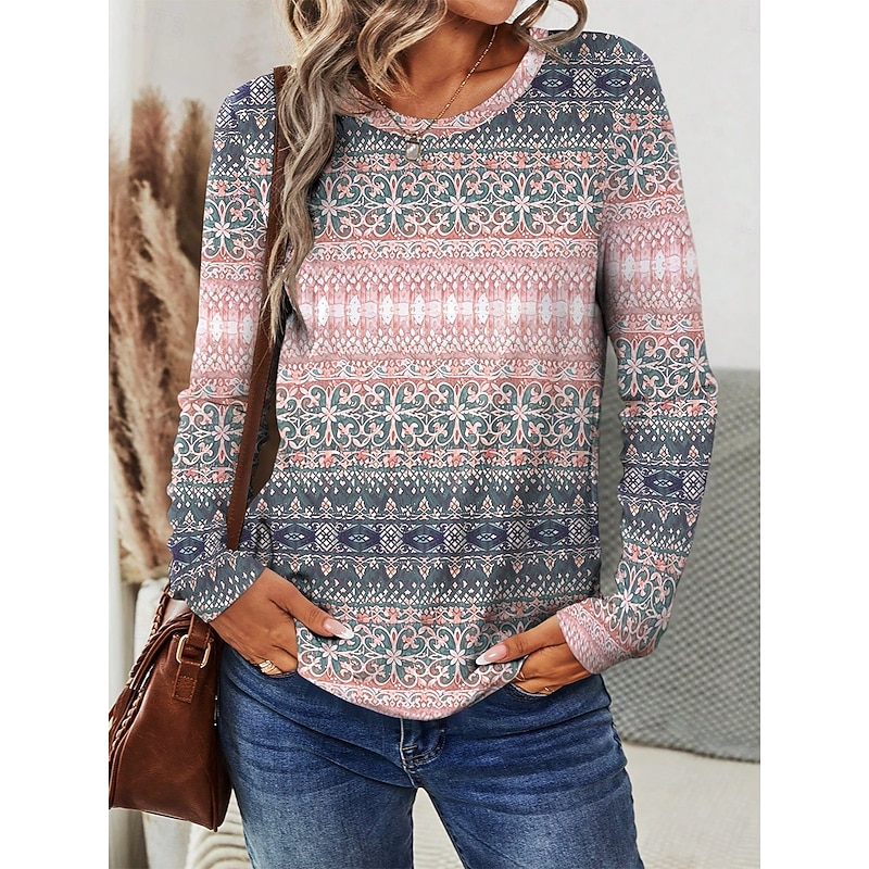 Women's T shirt Long Sleeve Crew Neck Long Sleeve Tunic Graphic Geometric Stylish Casual Trendy Regular Tops Daily Weekend Print Pink Blue  Fall Prefa
