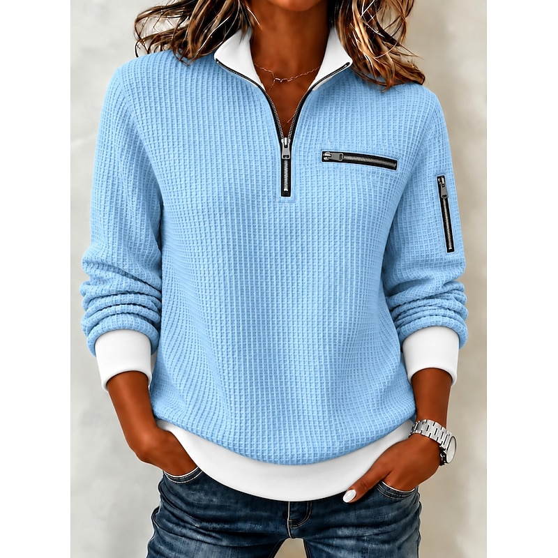 Women's Waffle Polo Shirts Zipper Solid Color Bohemia Active Vacation Long Sleeve High Neck Long Tops Casual Daily Holiday Blue Yellow Red Summer Spri