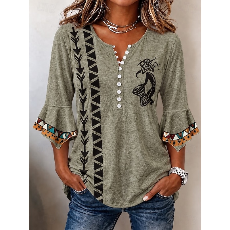 Women's T Shirt Vintage Boho Tribal Blouse Print Floral Basic 3/4 Length Sleeve V Neck Round Neck Long Tops Casual White Screen Color Beige Summer Spr