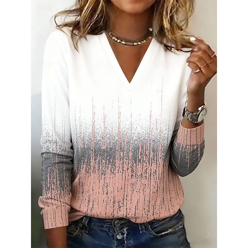 Women's T Shirt Print Ombre Graphic Vintage Stylish Classic Long Sleeve V Neck Regular Tops Daily Blue Yellow Pink Purple Green Spring Fall 2026 - $25