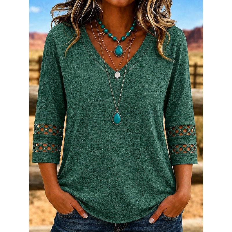 Women's Eyelet Top T Shirt Lace Trim Solid Color Active Stylish Casual 3/4 Length Sleeve 3/4 Sleeve V Neck Long Tops Casual Black Pink Green Dark Blue