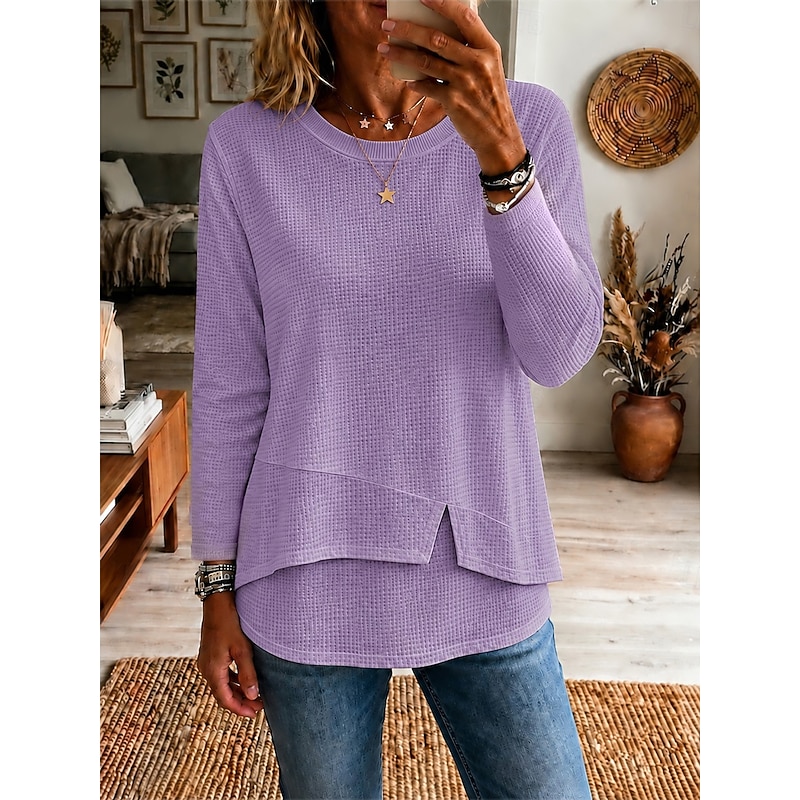 Women's Waffle Knit Long Sleeve 7/8 Sleeve T-Shirt T Shirt White Cotton Top Crew Neck Textured Patchwork Casual Top Longline Shirt Daily White Wine Pu