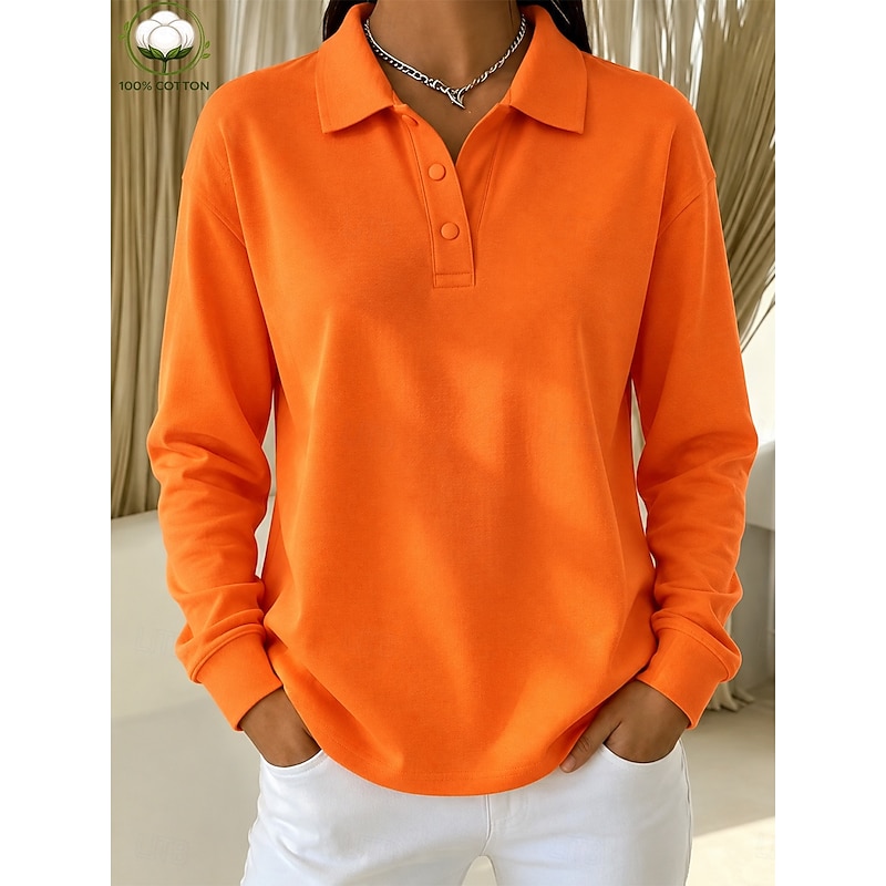 Women's 100% Cotton T Shirt Chest Buttons Plain Vintage Stylish Classic Long Sleeve Shirt Collar Polo Collar Long Tops Casual Daily Blue White Black P