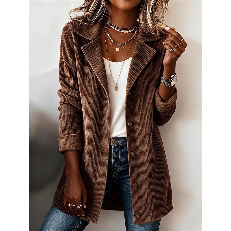 Women's Long Coat Blazer Corduroy Jacket Lightweight Buttons Elegant Modern Solid Color Casual Daily Street Regular Notch Lapel Long Sleeve Outerwear