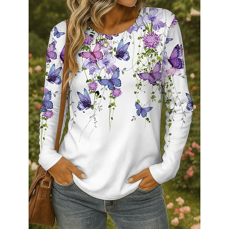 Women's T shirt Long Sleeve Crew Neck Long Sleeve Tunic Floral Graphic Butterfly Vintage Stylish Classic Round Neck Regular Tops Daily Print Black Whi