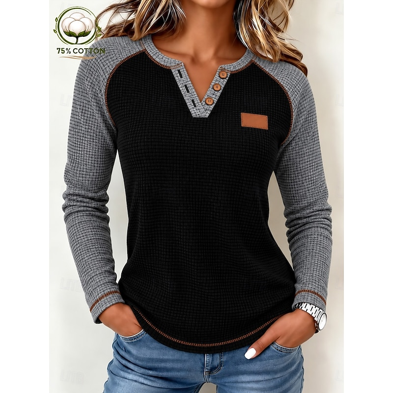 Women's Textured Knit Tops T Shirt Vintage Fashion Stylish Long Sleeve Henley Regular Tops Casual Going out Vacation Wear White Khaki Gray Spring Fall