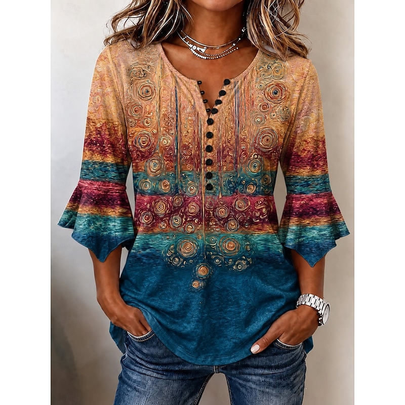 Women's T Shirt Vintage Boho Tribal Blouse Print Floral Basic 3/4 Length Sleeve V Neck Round Neck Long Tops Casual Black Rainbow Summer Spring Fall Wi