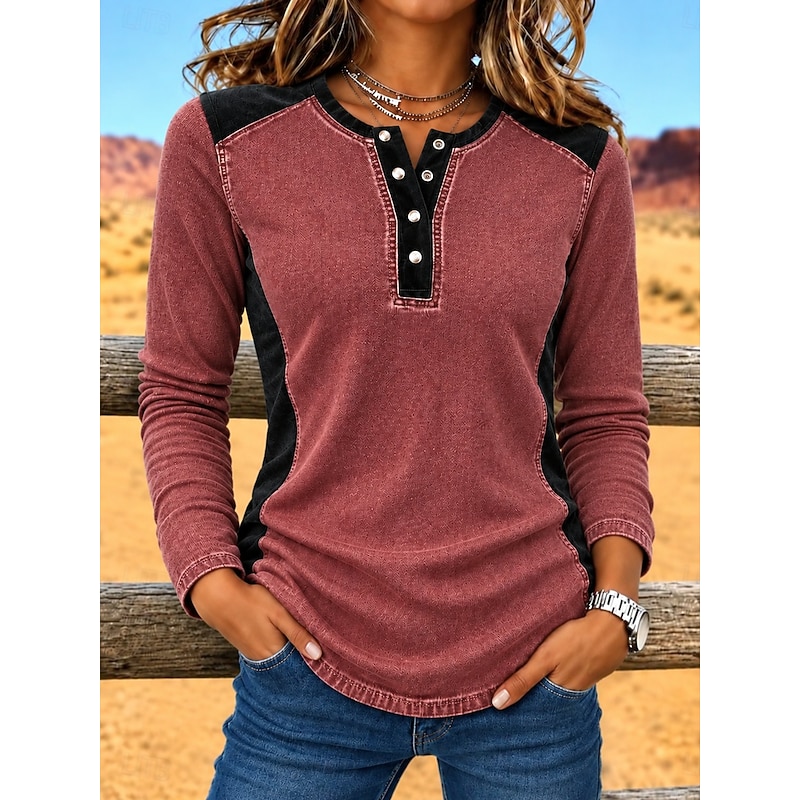 Women's Denim Shirt Blouse Henley Top Patchwork Plain Vintage Fashion Stylish Long Sleeve Lapel Regular Tops Casual Beach Blue Red Green Spring Fall W