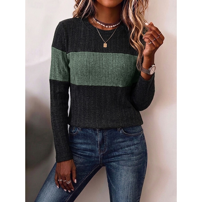 Women's Vintage Two Tone Patchwork Ribbed Knitted Tunic Texture Long Sleeve Crew Neck Casual claret Royal Blue Light Brown khaki Military Green Fall W