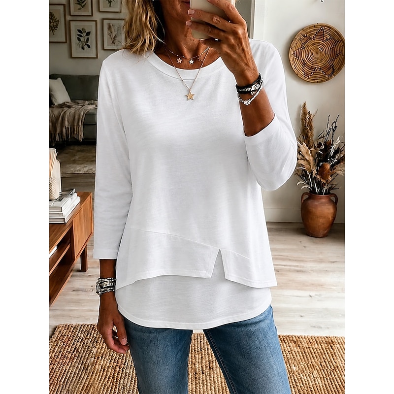 Women's 100% Cotton T Shirt Solid Color Stylish Casual 3/4 Length Sleeve Round Neck Regular Tops Casual Daily Blue White Black Pink Wine Summer Spring