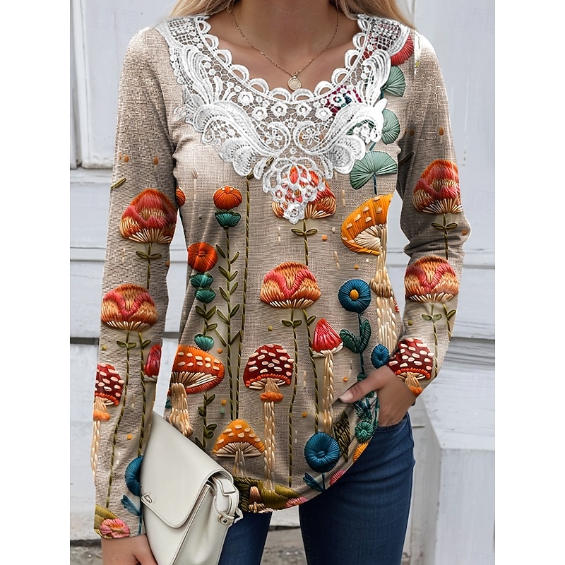 Women's Blouse Tunic Lace Splicing V Neck Long Sleeve Floral Graphic Plants Vintage Casual Crew Neck Tops Daily Going out Weekend Lace Patchwork Print