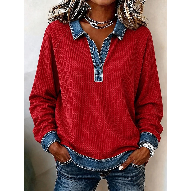 Women's Blouse Long Sleeve Tops Patchwork Buttons Stylish Classic Modern Long Sleeve Shirt Collar Regular Tops Casual Daily Holiday Black Red Green Sp