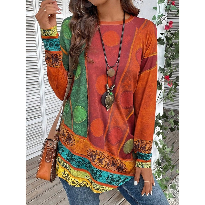 Women's T shirt Long Sleeve Vintage Ethnic Casual Print Long Sleeve Long Tops Crew Neck Daily Red Purple Green Fall Winter Prefall 2026 - $26.99