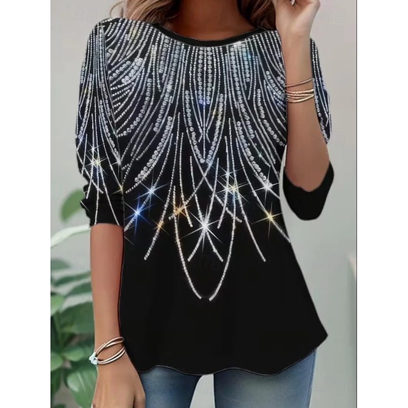 New YearWomen's T Shirt Graphic Abstract Vintage Fashion Stylish Long Sleeve Crew Neck Regular Tops Daily Weekend Print Black Fall Winter 2026 - $25.9
