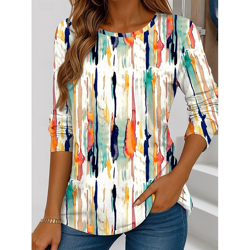 Women's T shirt Long Sleeve Crew Neck Long Sleeve Tunic Graphic Geometric Striped Vintage Stylish Regular Tops Daily Print White Blue Purple Orange Br