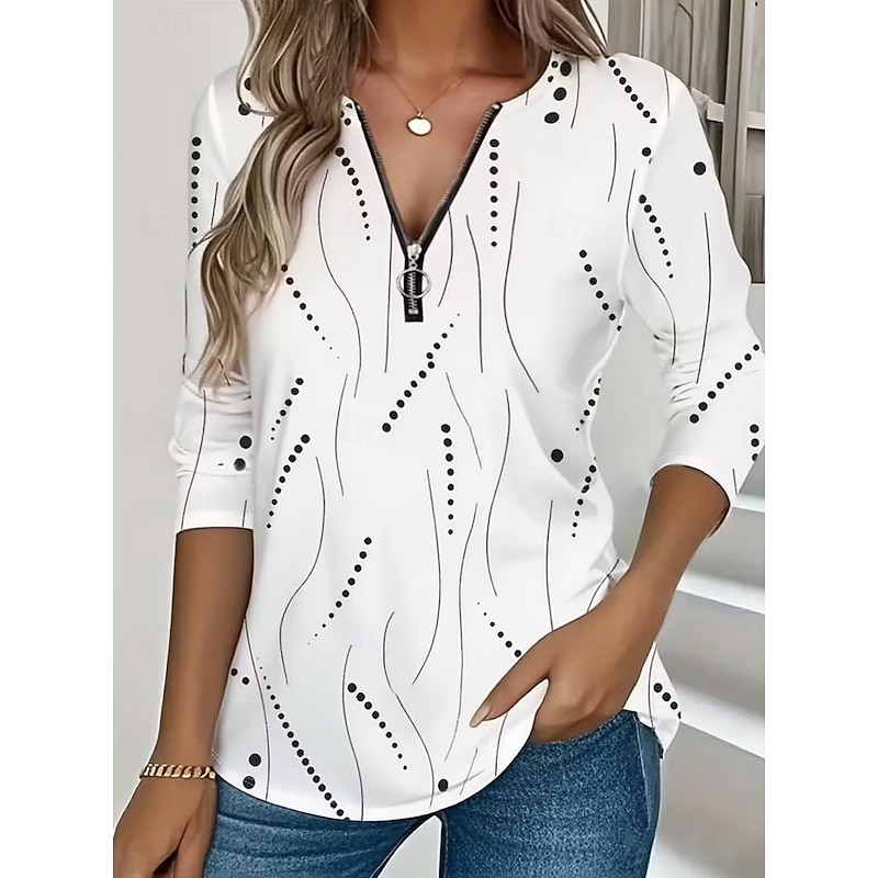 Women's T Shirt Zipper Print Graphic Geometric Vintage Fashion Stylish Long Sleeve Crew Neck V Neck Regular Tops Daily Blue White Yellow Pink Red Spri
