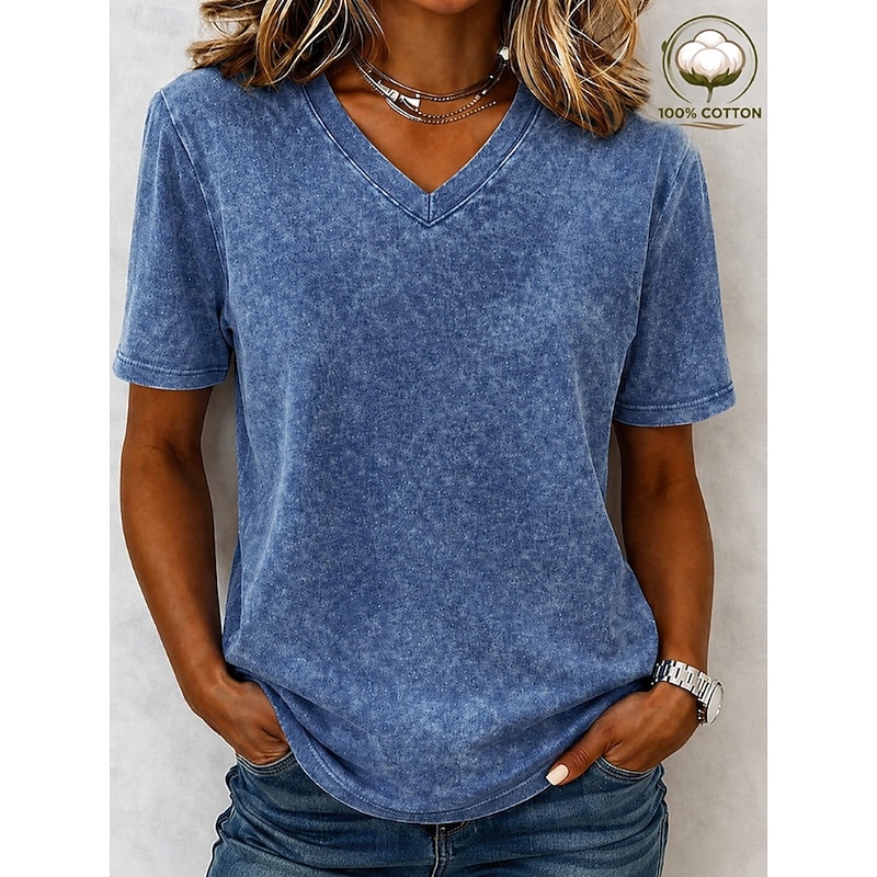 Women's T Shirt Cotton Shirt Tee Top Ruched Plain Vintage Fashion Stylish Short Sleeve V Neck Regular Tops Casual Daily Going out Blue Black Army Gree