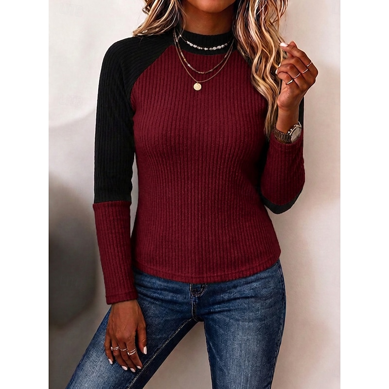 Women's Stylish Rib-knit Mock Neck Texture Two Tone Patchwork Long Sleeve  Top Casual Sapphire Blue Black Wine Fall Winter 2026 - $27.99