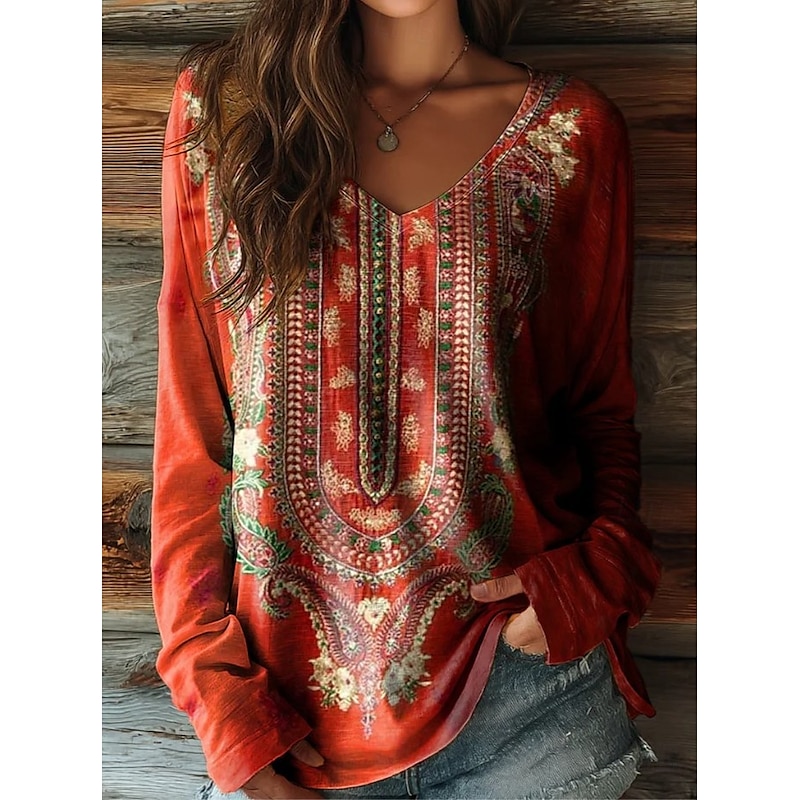 Women's Boho T shirt Long Sleeve Floral Graphic Plants Vintage Stylish Casual Long Sleeve V Neck Regular Tops Daily Weekend Print Sage Green Pink Red