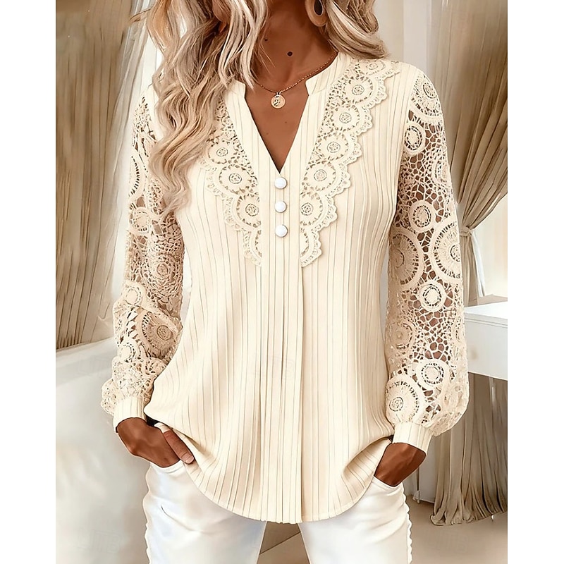 Women's Shirt Eyelet Top Boho Shirt Lace Shirt Lace Solid Color Plain Elegant Bohemia Active Long Sleeve Long Tops Casual Blue Black Brown Green Beige