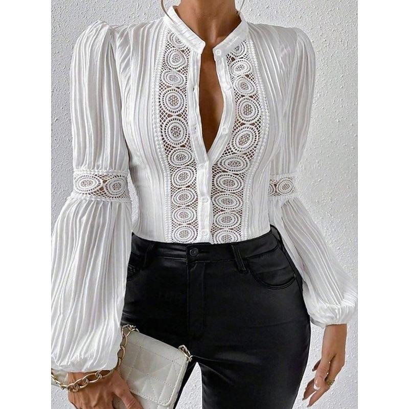 Women's Shirt Boho Shirt Blouse Lace Patchwork Buttons Solid Color Stylish Casual Long Sleeve High Neck Regular Tops Daily White Beige Summer Spring 2