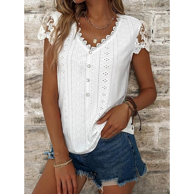 Women's White Elegant Lace Tops Eyelet Blouse Casual Solid Color Regular Tops Short Sleeve V Neck Lace Patchwork Buttons Regular Fit Daily Romantic Pe