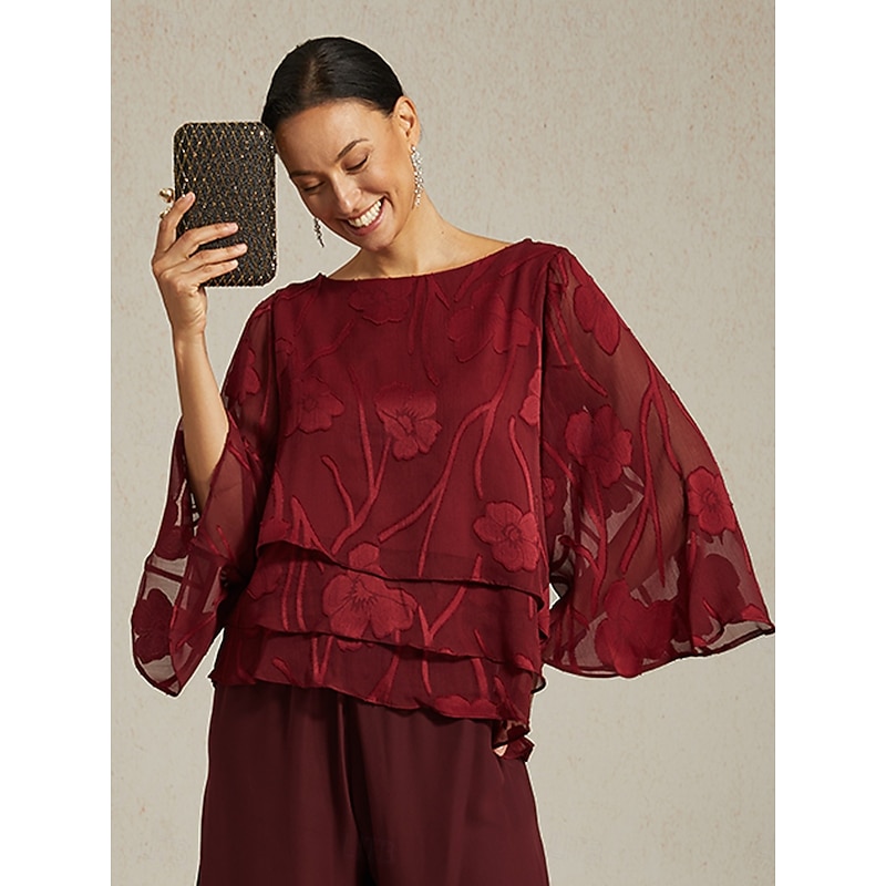 Women's Lace Shirt Blouse Dressy Tops Chiffon Tops Asymmetric Hem Solid Color Floral Elegant Stylish Casual Half Sleeve Flutter Sleeve Boat Neck Regul