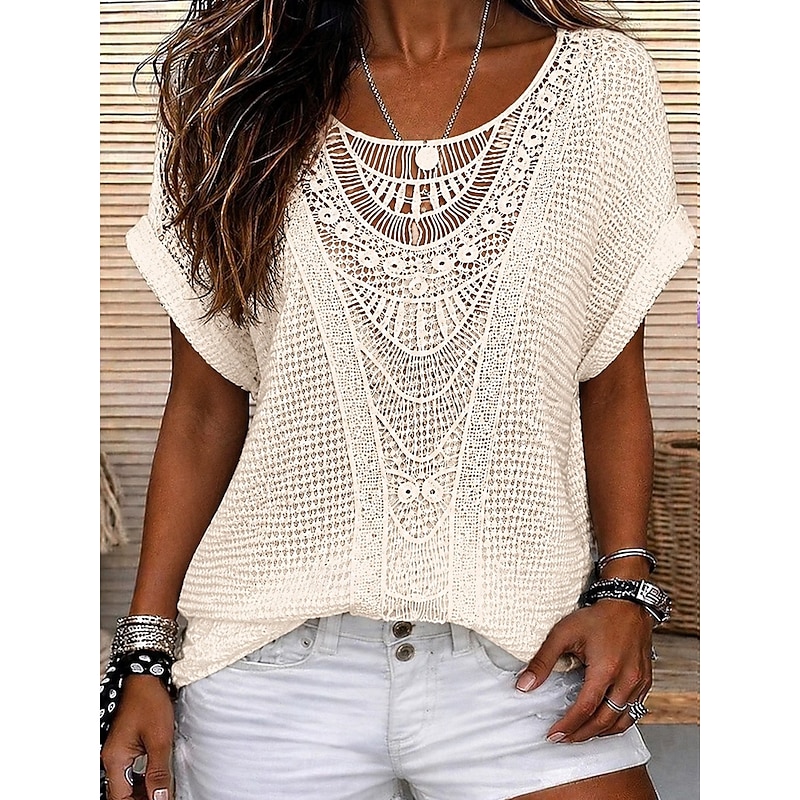 Women's Elegant Eyelet Top Lace Splicing Top Patchwork Elegant Bohemia Vintage Short Sleeve Crew Neck Long Tops Casual Daily Going out Blue Pink Red O