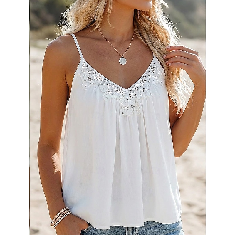 Women's Tank Top Lace Tops Lace Trim Plain Stylish Modern Sleeveless V Neck Long Tops Casual Beach Holiday Blue White Pink Apricot Summer Spring 2026