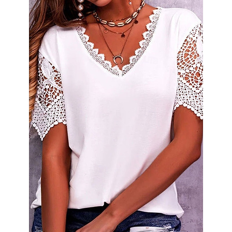 Women's T Shirt Lace Patchwork Eyelet Plain Fashion Modern Casual Short Sleeve V Neck Regular Tops Daily Going out Weekend White Pink Purple Light Blu