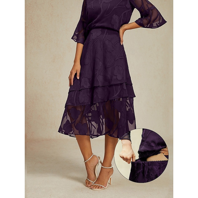 Women's Elegant Casual Midi Mid Waist Skirts Floral Lace Ruffle Irregular Hem Micro-elastic Date Casual Daily Eggplant Spring, Fall, Winter, Summer 20