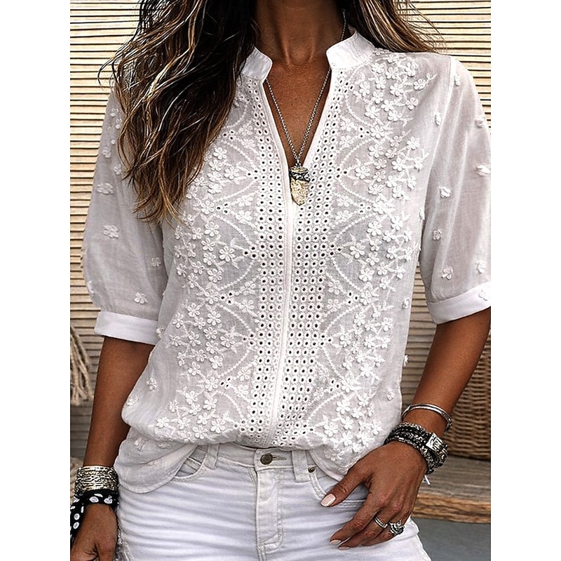 Women's Blouse Lace Eyelet Solid Color Stylish Casual Half Sleeve V Neck Regular Tops Daily White Summer Spring 2026 - $22.99
