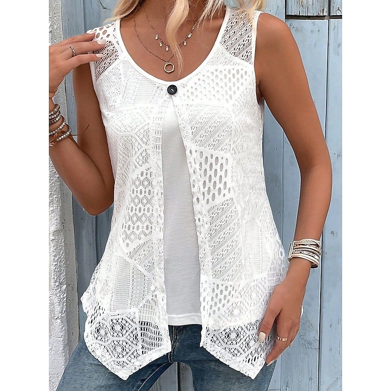 Women's Tank Top Lace T-shirt Lace Patchwork Plain Fashion Stylish Classic Sleeveless Crew Neck Regular Tops Daily Going out Weekend White Black Pink