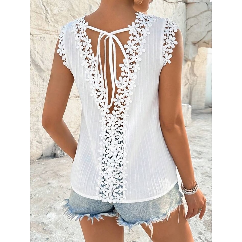 Women's Blouse Lace Tops Sleeveless Shirt Lace Plain Stylish Classic Modern Sleeveless Crew Neck Regular Tops Daily Holiday Going out Black White Summ