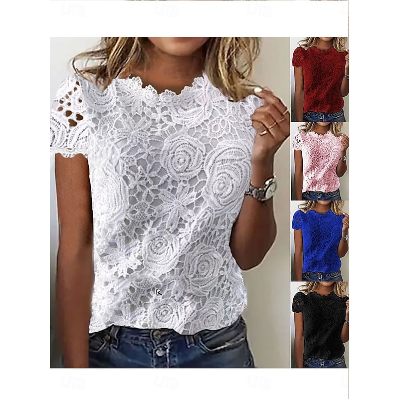 Women's Summer Tops Blouse Eyelet top Lace Tops Ruched Lace Patchwork Plain Elegant Vintage Ladies Sleeveless Crew Neck Regular Tops Daily Work Holida