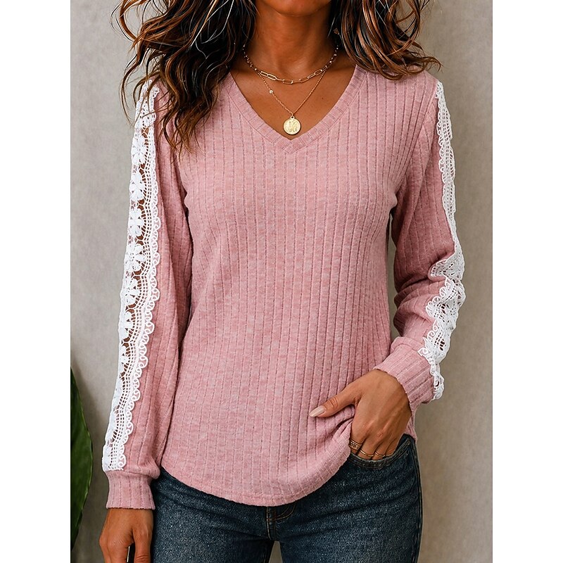 Women's Lace Splicing Top Texture Patchwork Vintage Stylish Long Sleeve V Neck Regular Tops Casual Blue Black Pink Army Green Fuchsia Spring Fall 2026